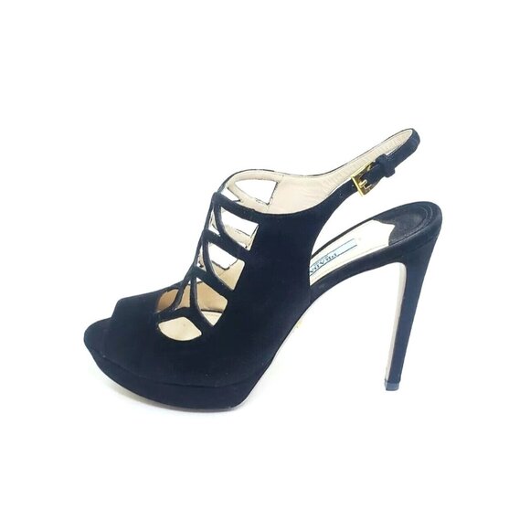 Prada Platform Peep Toe Sandal Heel Lasercut Black Suede Women US 7.5 - Picture 1 of 11